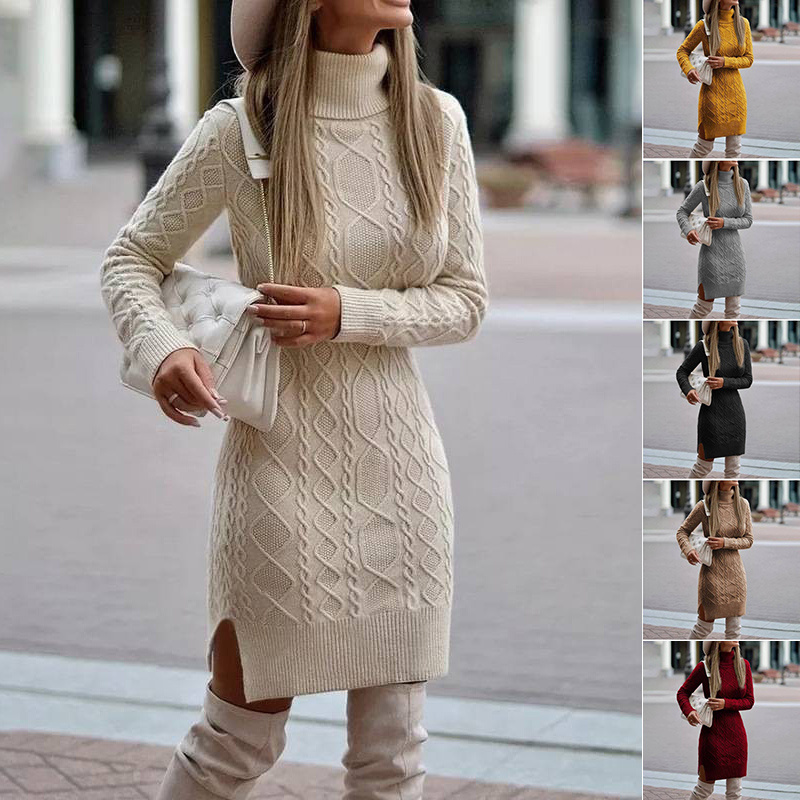 Women's Turtleneck Knitted Dress with Slit