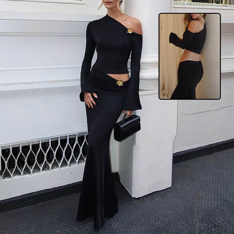 Women Sexy Slim Oblique Shoulder Skirt Suit