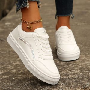 Lace-Up White Flats - Round Toe Slip-On Thick Sole Casual Shoes for Women