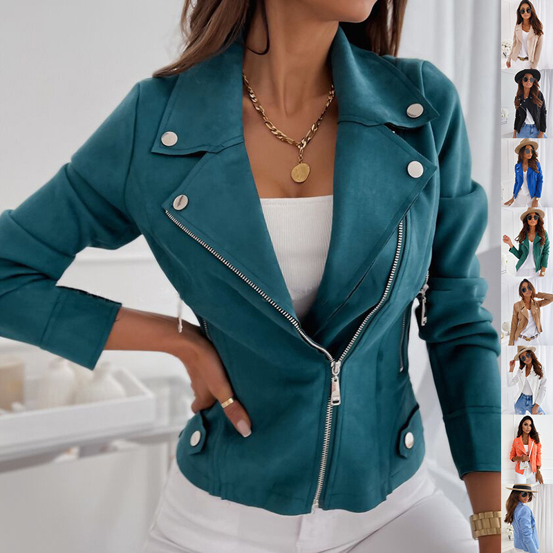 Zip-Up Lapel Jacket with Pockets - Fashion Long Sleeve Short Top for Women