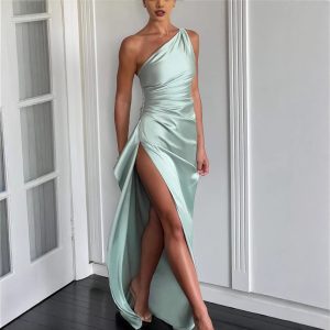 Graceful Slant Shoulder Satin Dress