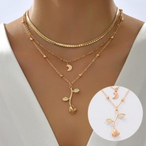 Boho Multilayer Moon & Rose Pendant Necklaces for Women