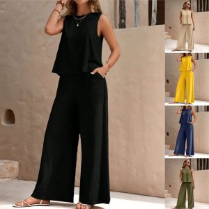 Solid Color Casual Loose Pants Sets For Women