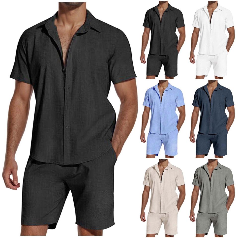 Men's Short Sleeve Linen Shirt with Lapel