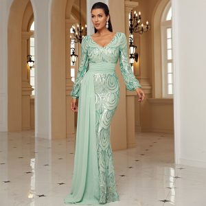 Long Sleeve V-Neck Evening Dress for Women | Sexy Long Sequined Banquet Gown with Ribbon Detail