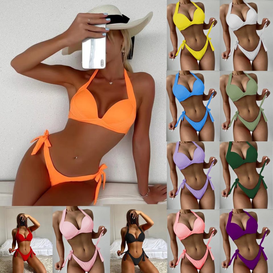 European & American Solid Color Neck Bikini