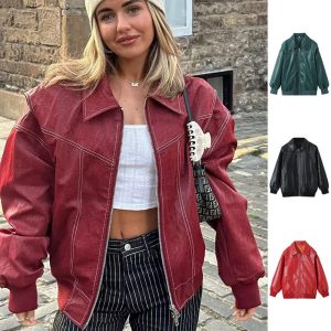 Women's Loose Fit Lapel Zip-Up Jacket