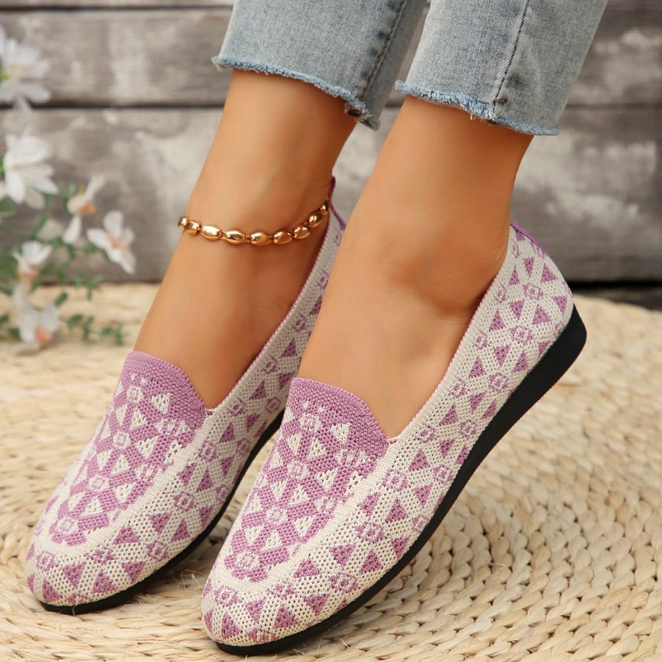 Printed Knit Loafers - Breathable Hollow Flat Shoes for Women