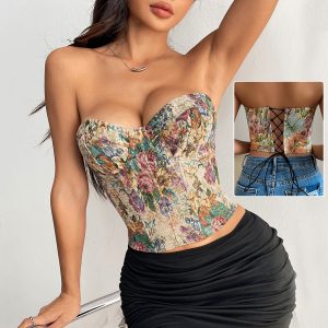 Y2K Floral Tube Vest - Back-Tied Corset Crop Top For Women